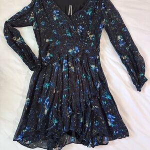Anthropologie Black and Blue Floral Mini Dress